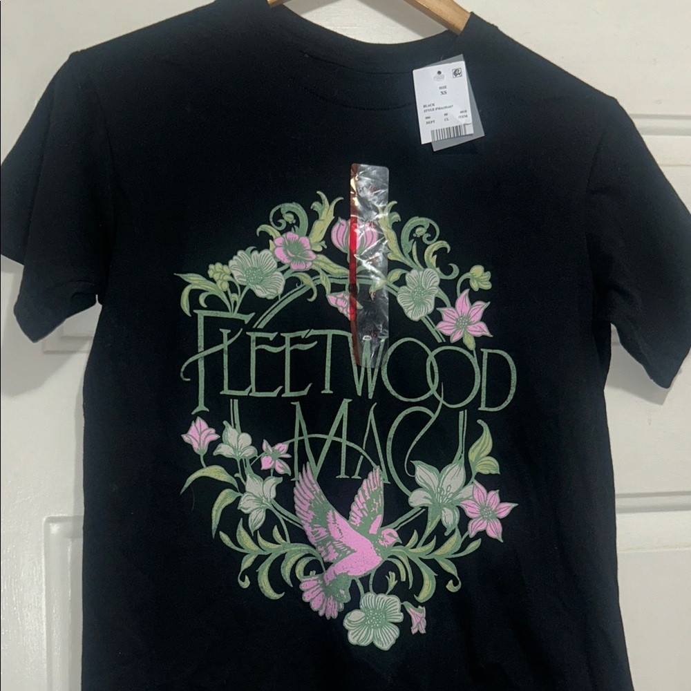 Fleetwood Mac Black Graphic Tee with Pink & Green Floral Design NWT XS
